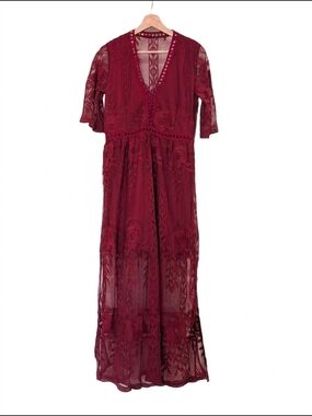 Boho Burgundy Lace Maxi Dress | Sheer Floral Crochet Overlay Festival Dress